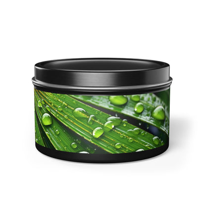 Tranquility Palm Tin Candle. Serenity in Every Spark - Embrace Nature's Calm. Available in 2 sizes, 3 finishes, and 5 scents.