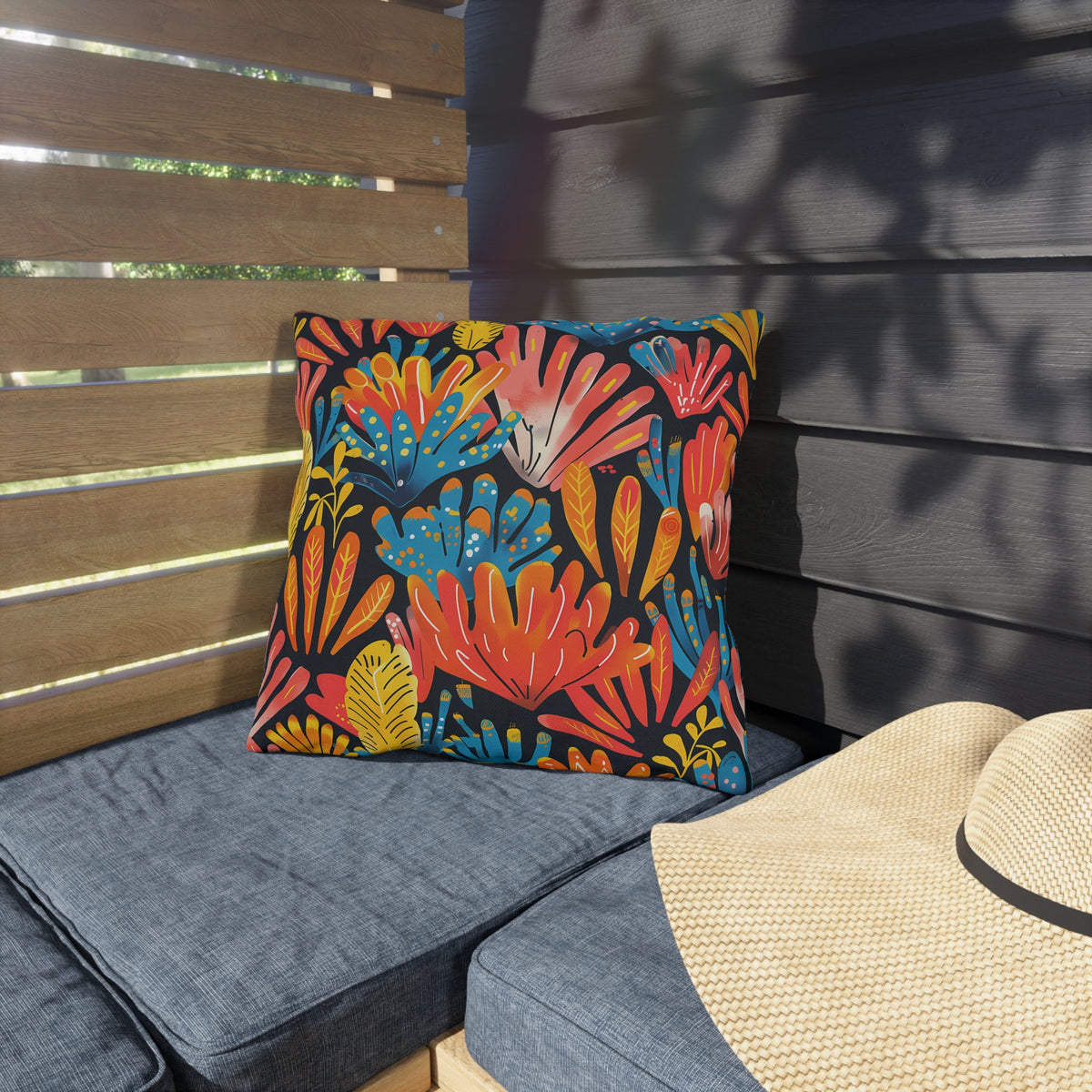 Coral Plume Square Outdoor Pillow - Spun Polyester - Double-Sided Print - UV-Resistant - Water-Resistant - Available in 3 sizes.