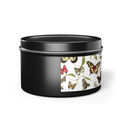 Botanical Butterflies Tin Candle. Flutter into Serenity with Botanical Butterflies. Available in 2 sizes, 3 finishes, and 5 scents.