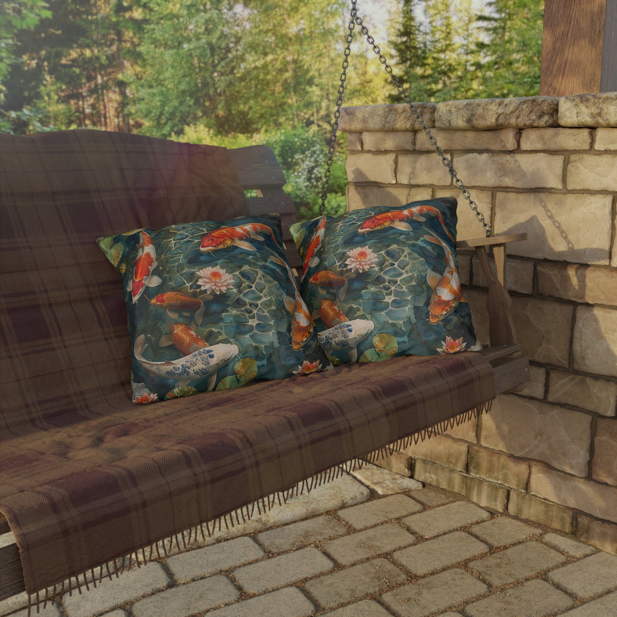 Tranquil Koi Oasis Square Outdoor Pillow - Spun Polyester - Double-Sided Print - UV-Resistant - Water-Resistant - Available in 3 sizes.
