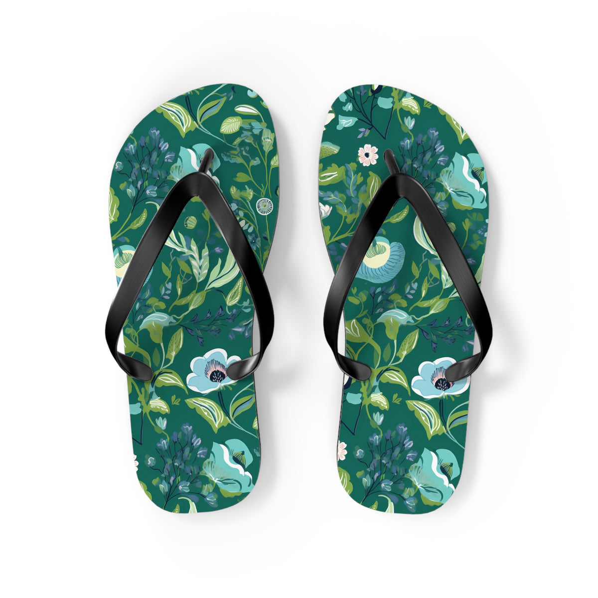 Serene Green Floral Flip Flops. 5/8" Thick Comfortable Summer Beach Footwear or Winter Gym/Sauna Footwear for Men and Women.