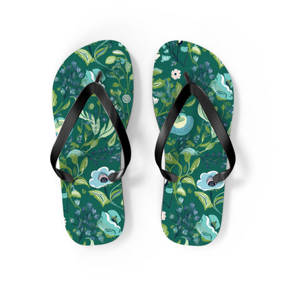 Serene Green Floral Flip Flops. 5/8" Thick Comfortable Summer Beach Footwear or Winter Gym/Sauna Footwear for Men and Women.