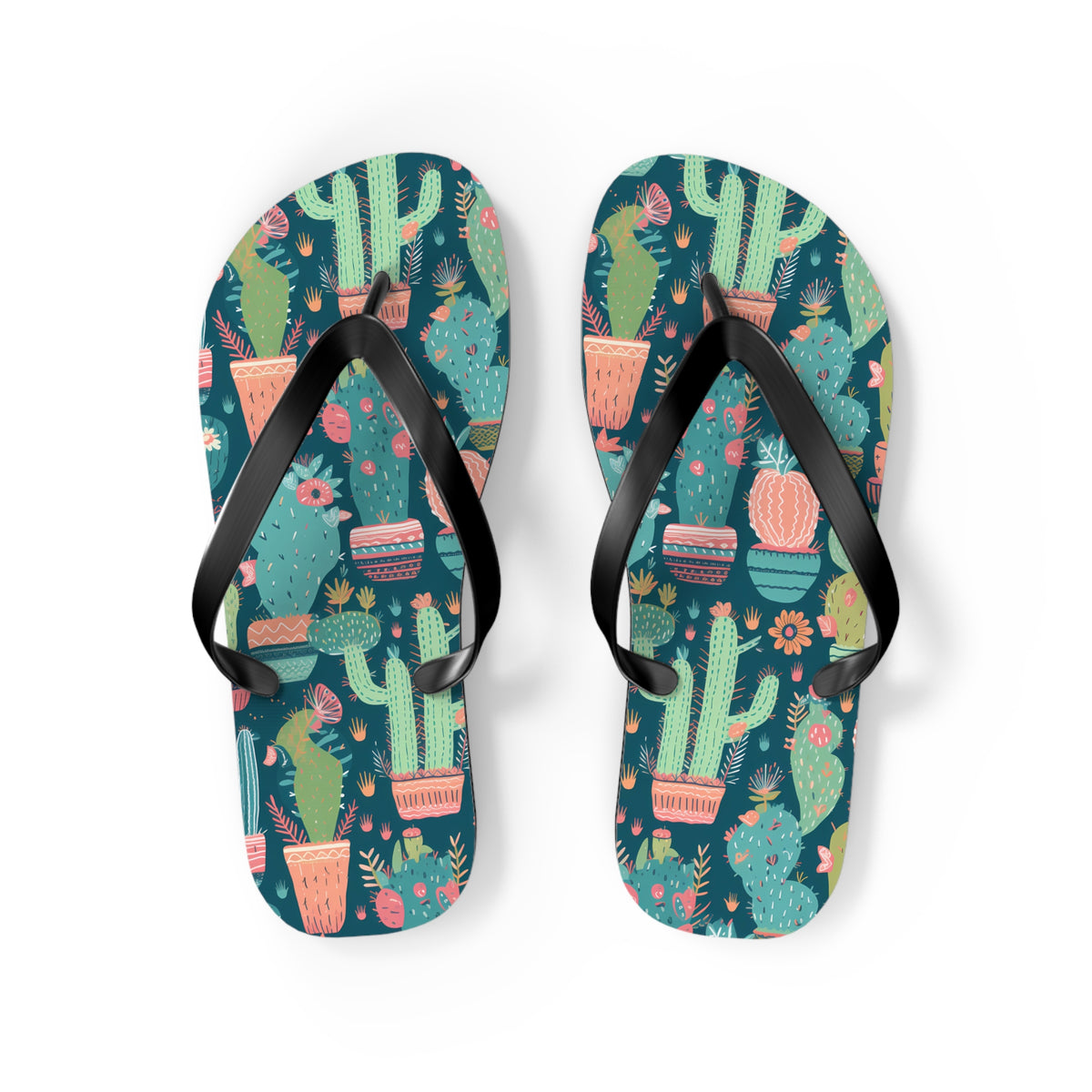 Cactus Cacophany Flip Flops. 5/8" Thick Comfortable Summer or Winter Gym/Sauna Footwear for Men and Women. Bring Fun Cactus-inspired Artwork into Your Life!