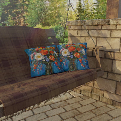Blossoms on Blue Square Outdoor Pillow - Spun Polyester - Double-Sided Print - UV-Resistant - Water-Resistant - Available in 3 sizes.