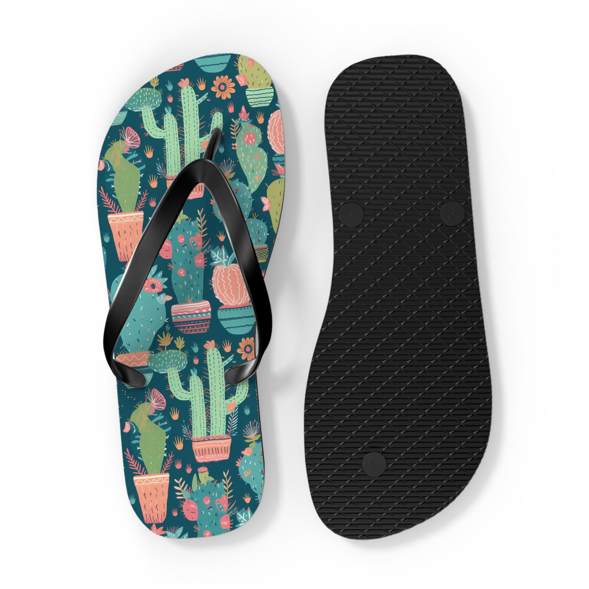 Cactus Cacophany Flip Flops. 5/8" Thick Comfortable Summer or Winter Gym/Sauna Footwear for Men and Women. Bring Fun Cactus-inspired Artwork into Your Life!