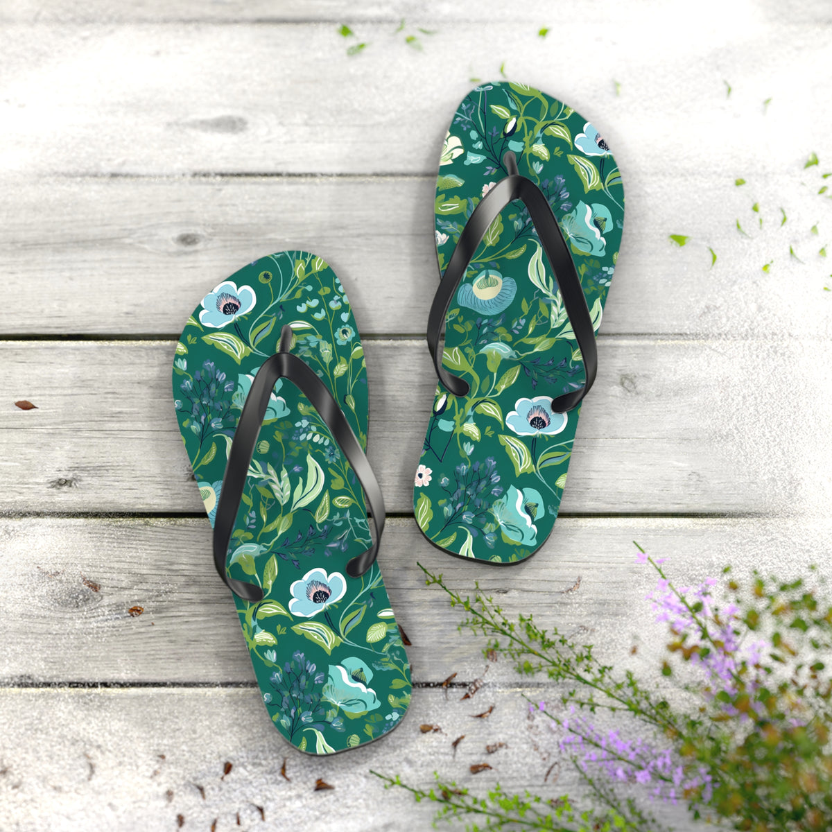 Serene Green Floral Flip Flops. 5/8" Thick Comfortable Summer Beach Footwear or Winter Gym/Sauna Footwear for Men and Women.