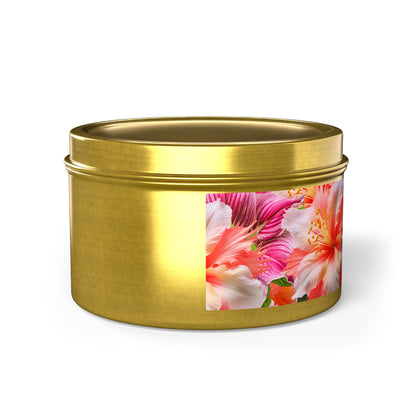 Tropical Hibiscus Bloom Tin Candle. Breathe in Paradise - Where Every Flame Dances with Floral Harmony. Available in 2 sizes, 3 finishes, and 5 scents.