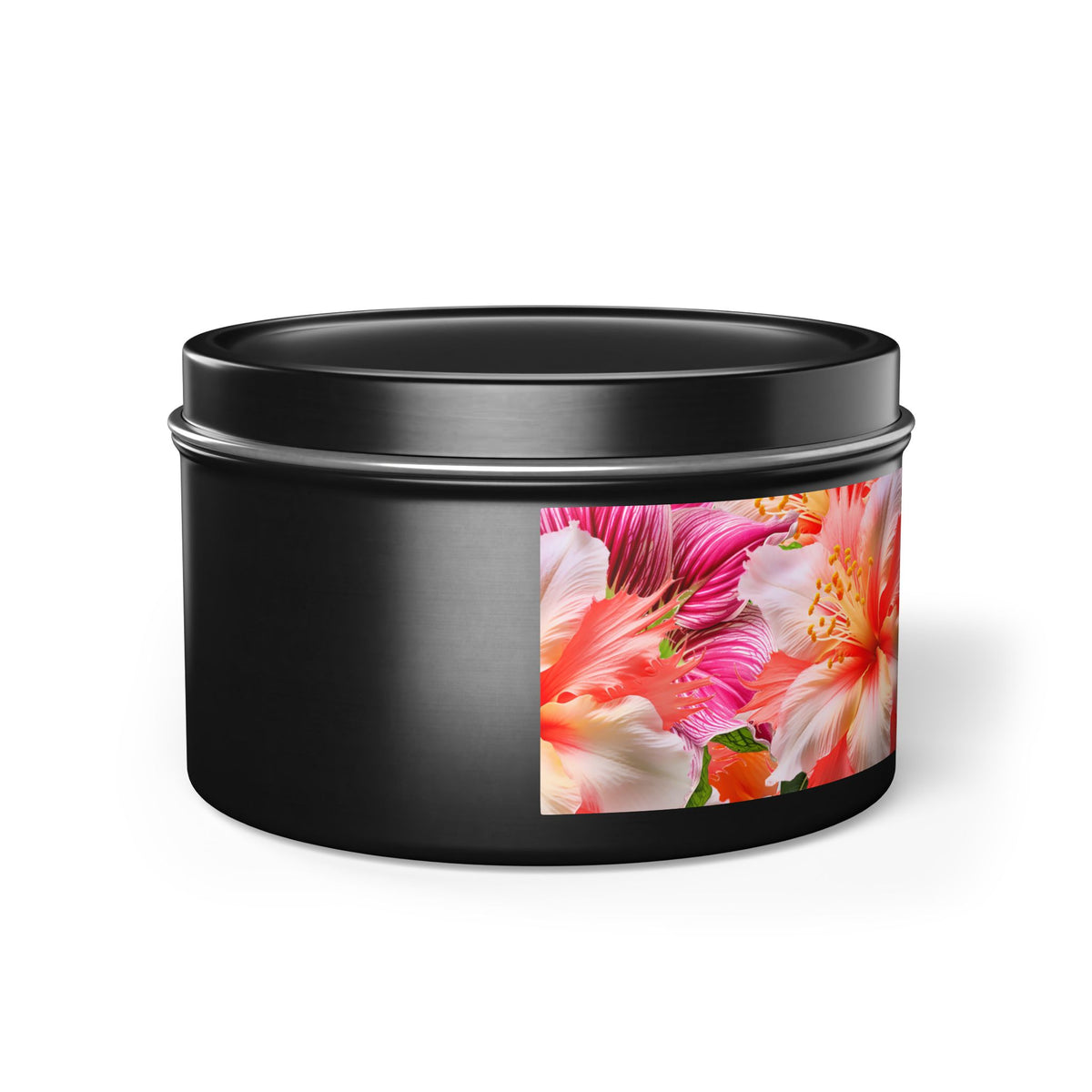 Tropical Hibiscus Bloom Tin Candle. Breathe in Paradise - Where Every Flame Dances with Floral Harmony. Available in 2 sizes, 3 finishes, and 5 scents.