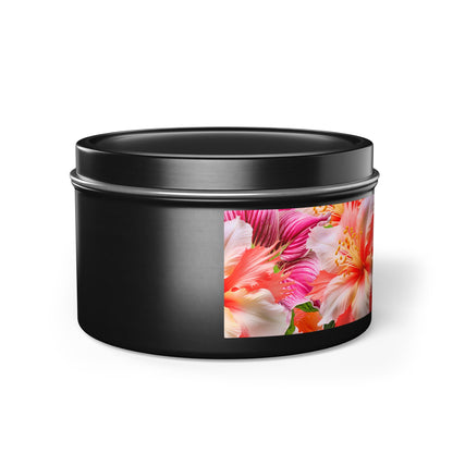 Tropical Hibiscus Bloom Tin Candle. Breathe in Paradise - Where Every Flame Dances with Floral Harmony. Available in 2 sizes, 3 finishes, and 5 scents.