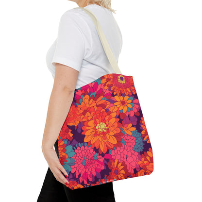 On Fire Flower Power Tote Bag - Bring Electrifying 60s Groovy Flowers on Your Next Adventure! Available in 3 sizes.