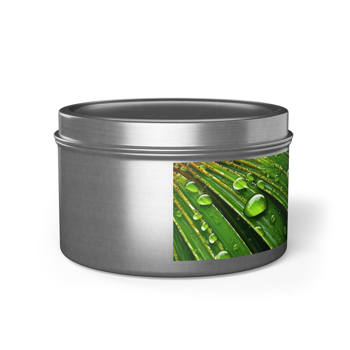 Tranquility Palm Tin Candle. Serenity in Every Spark - Embrace Nature's Calm. Available in 2 sizes, 3 finishes, and 5 scents.