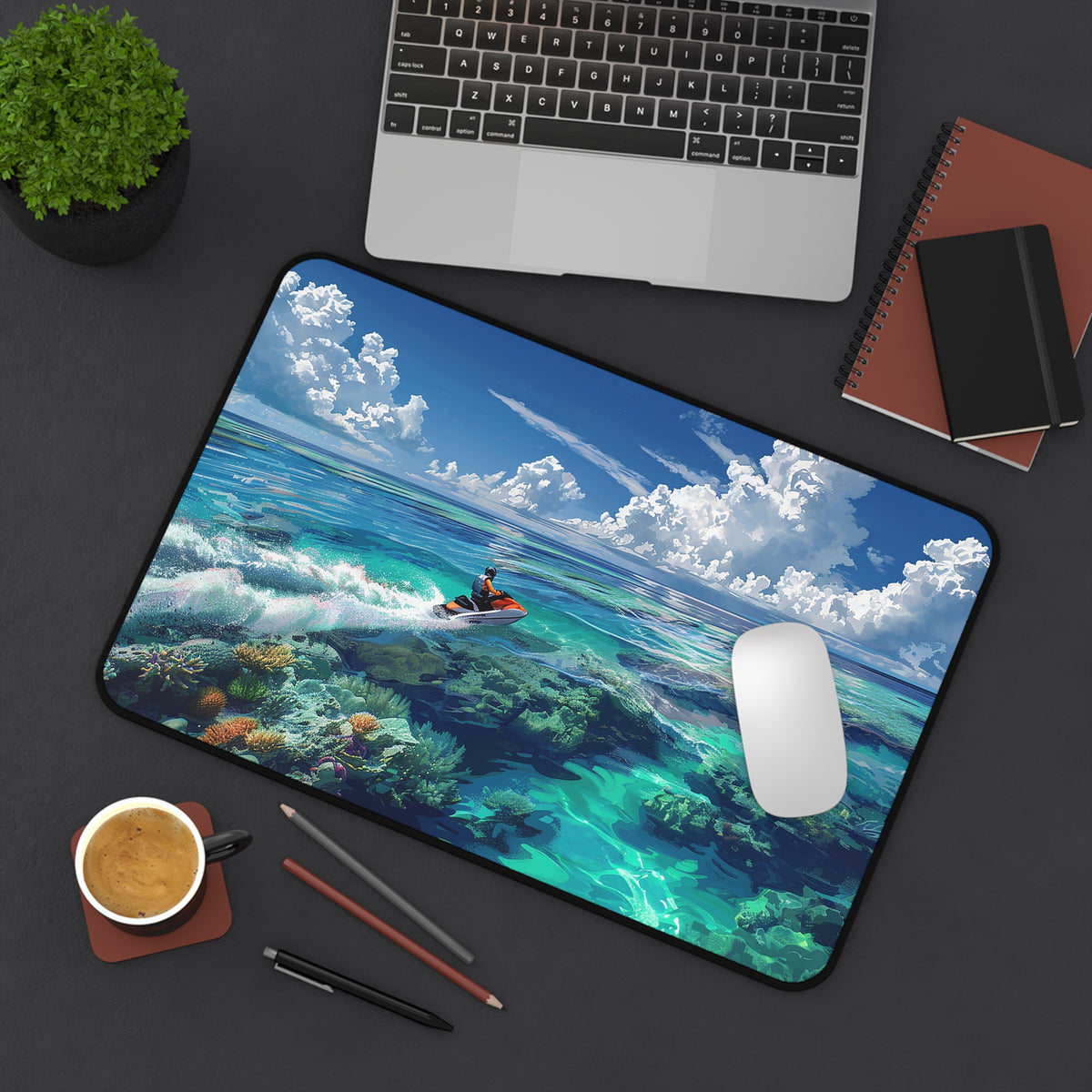 Jet Ski Tropical Paradise Desk Mat (Desk Pad) - Surf Your Workspace! Tropical Vibes for Your Daily Dive! Available in 3 sizes!