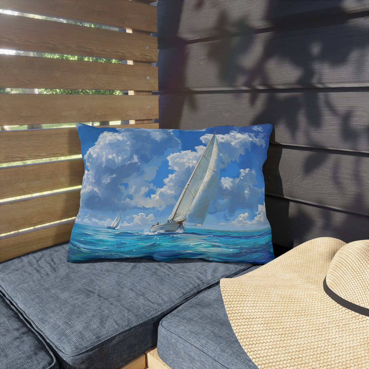 Ocean Breeze Sailing Outdoor Lumbar Pillow - Spun Polyester - Double-Sided Print - UV-Resistant - Water-Resistant - Lumbar size: 20" x 14"
