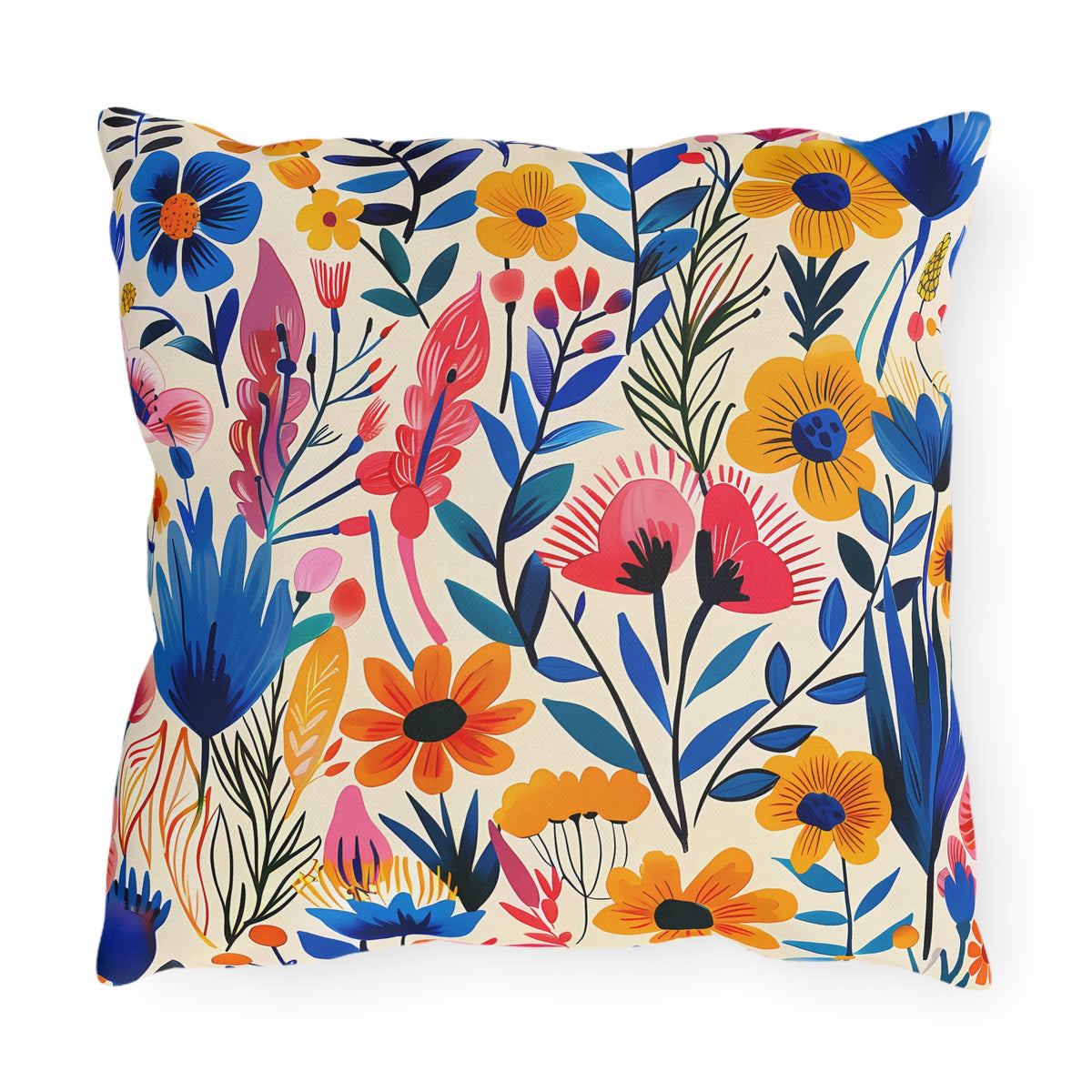 Happy Heartfelt Blooms Square Outdoor Pillow - Spun Polyester - Double-Sided Print - UV-Resistant - Water-Resistant - Available in 3 sizes.