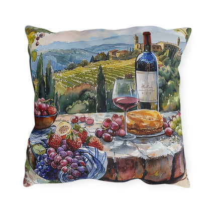 Tuscan Vineyard Vignette Square Outdoor Pillow - Spun Polyester - Double-Sided Print - UV-Resistant - Water-Resistant - Available in 3 sizes.