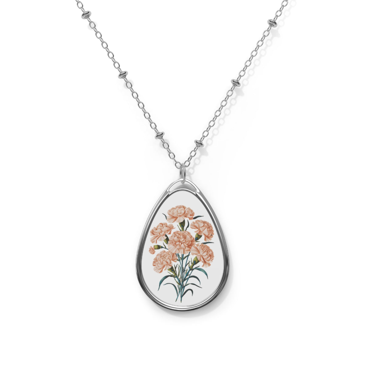 January Birth Month Flower - Carnation Oval Pendant Necklace - Floral Elegance to Celebrate Your Special Month!