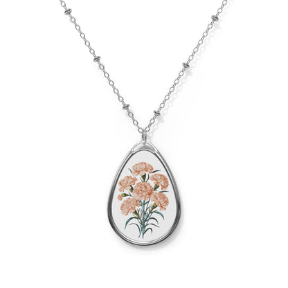 January Birth Month Flower - Carnation Oval Pendant Necklace - Floral Elegance to Celebrate Your Special Month!