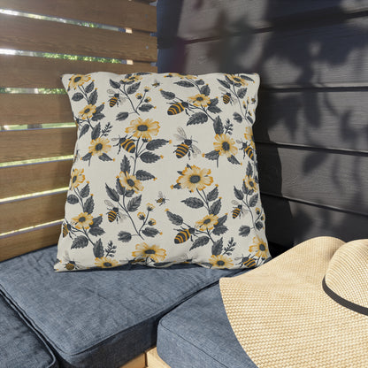 Buzzing Blossoms Square Outdoor Pillow - Spun Polyester - Double-Sided Print - UV-Resistant - Water-Resistant - Available in 3 sizes.