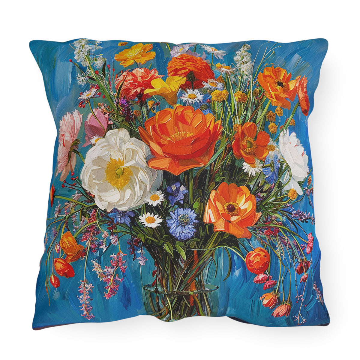 Blossoms on Blue Square Outdoor Pillow - Spun Polyester - Double-Sided Print - UV-Resistant - Water-Resistant - Available in 3 sizes.