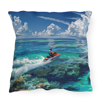 Jet Ski Tropical Paradise Square Outdoor Pillow - Spun Polyester - Double-Sided Print - UV Resistant - Water Resistant - Available in 3 sizes.