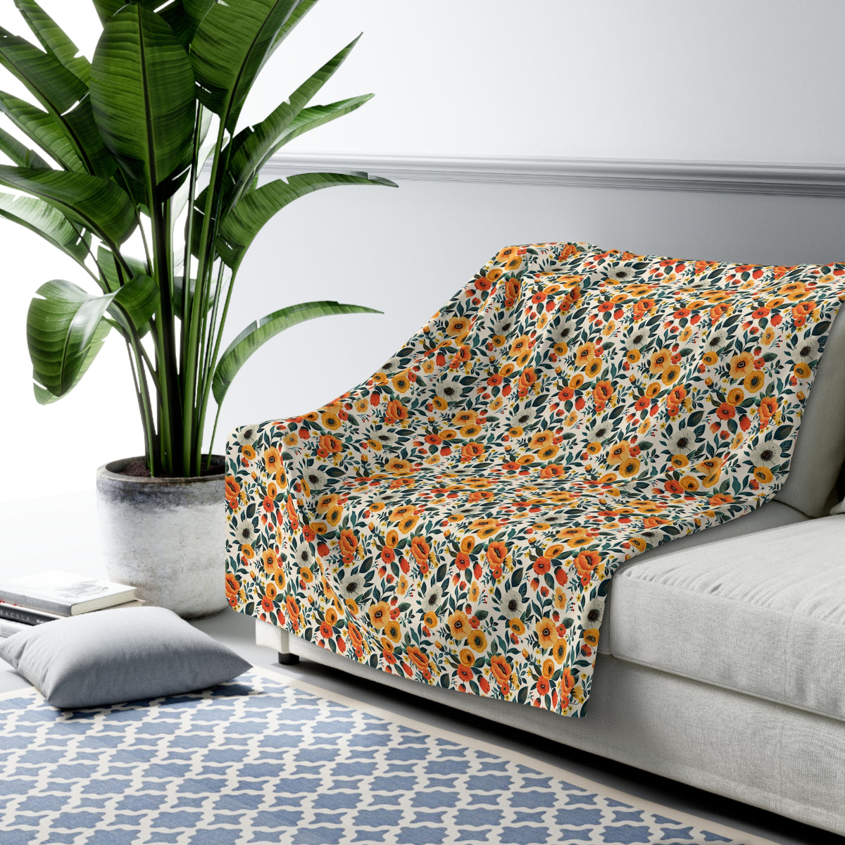 Golden Bloom Harmony Sherpa Fleece Blanket - Curl Up in Comfort - Bright Blooms for Blissful Days! Available in 2 sizes.