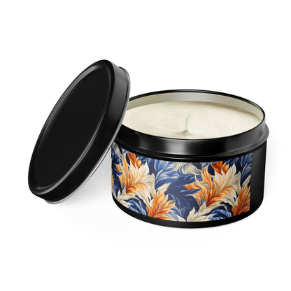 Feathered Fresco Fusion Tin Candle. A Touch of Feathered Grace in Every Flicker. Available in 2 sizes, 3 finishes, and 5 scents.