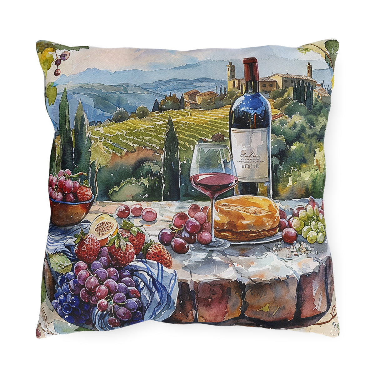 Tuscan Vineyard Vignette Square Outdoor Pillow - Spun Polyester - Double-Sided Print - UV-Resistant - Water-Resistant - Available in 3 sizes.