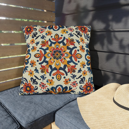 Sevilla Sunburst Square Outdoor Pillow - Spun Polyester - Double-Sided Print - UV-Resistant - Water-Resistant - Available in 3 sizes.
