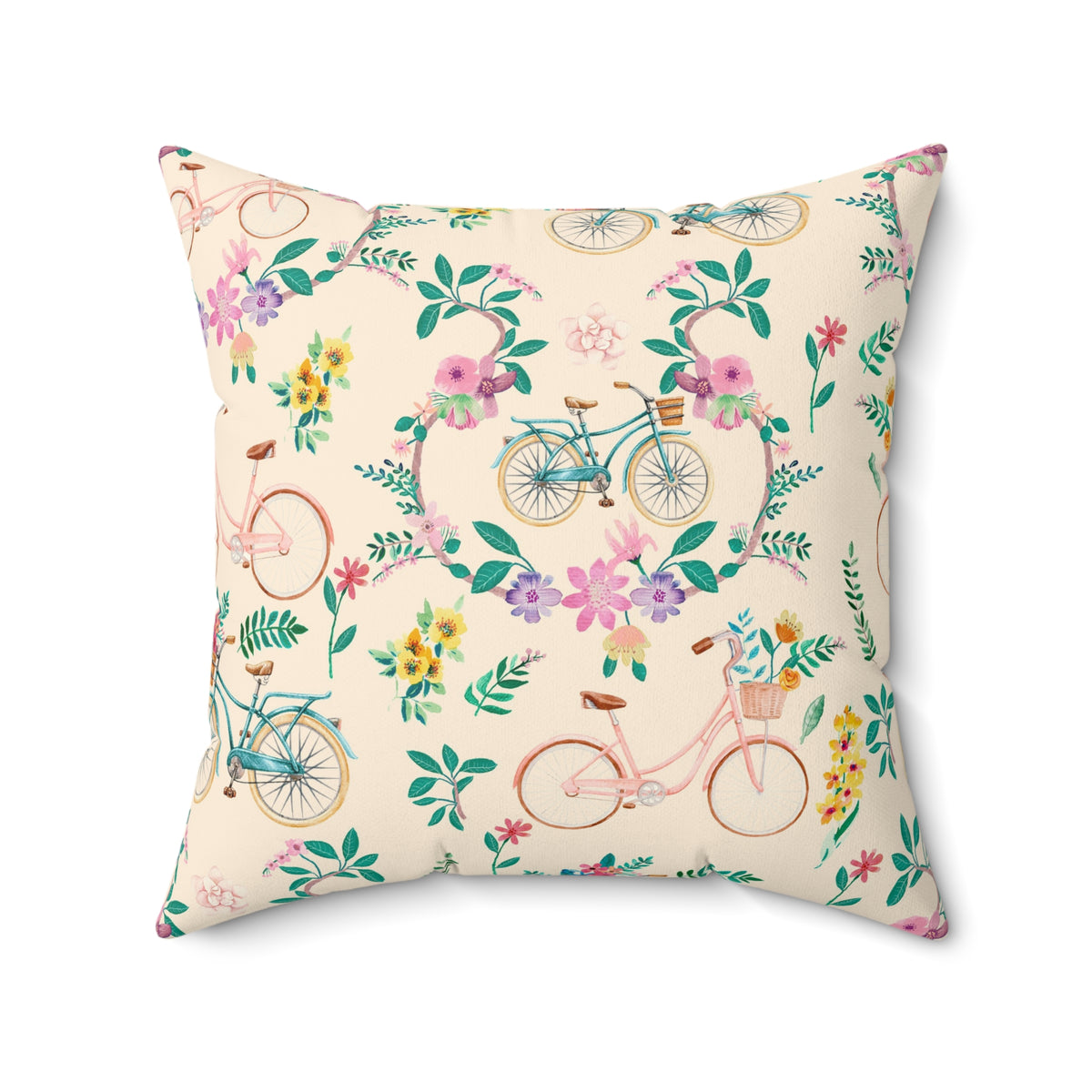 Spring Bicycle Square Throw Pillow - Spun Polyester - Double-Sided Print - Concealed Zipper - Available in 7 Sizes