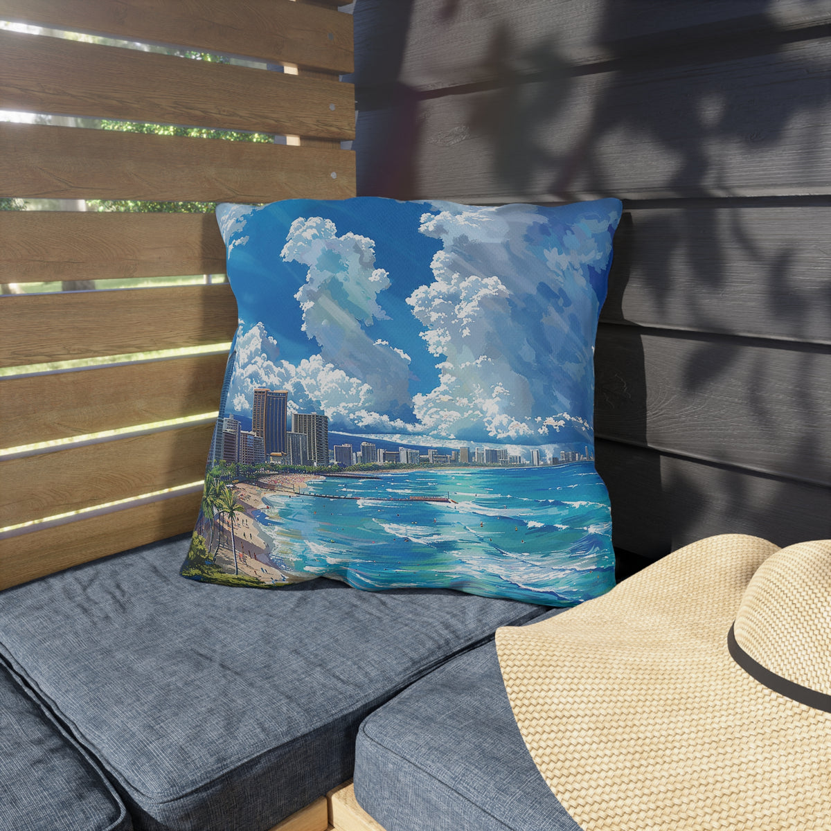Waikiki Beach Square Outdoor Pillow - Spun Polyester - Double-Sided Print - UV-Resistant - Water-Resistant - Available in 3 sizes.