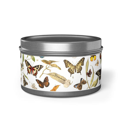 Botanical Butterflies Tin Candle. Flutter into Serenity with Botanical Butterflies. Available in 2 sizes, 3 finishes, and 5 scents.