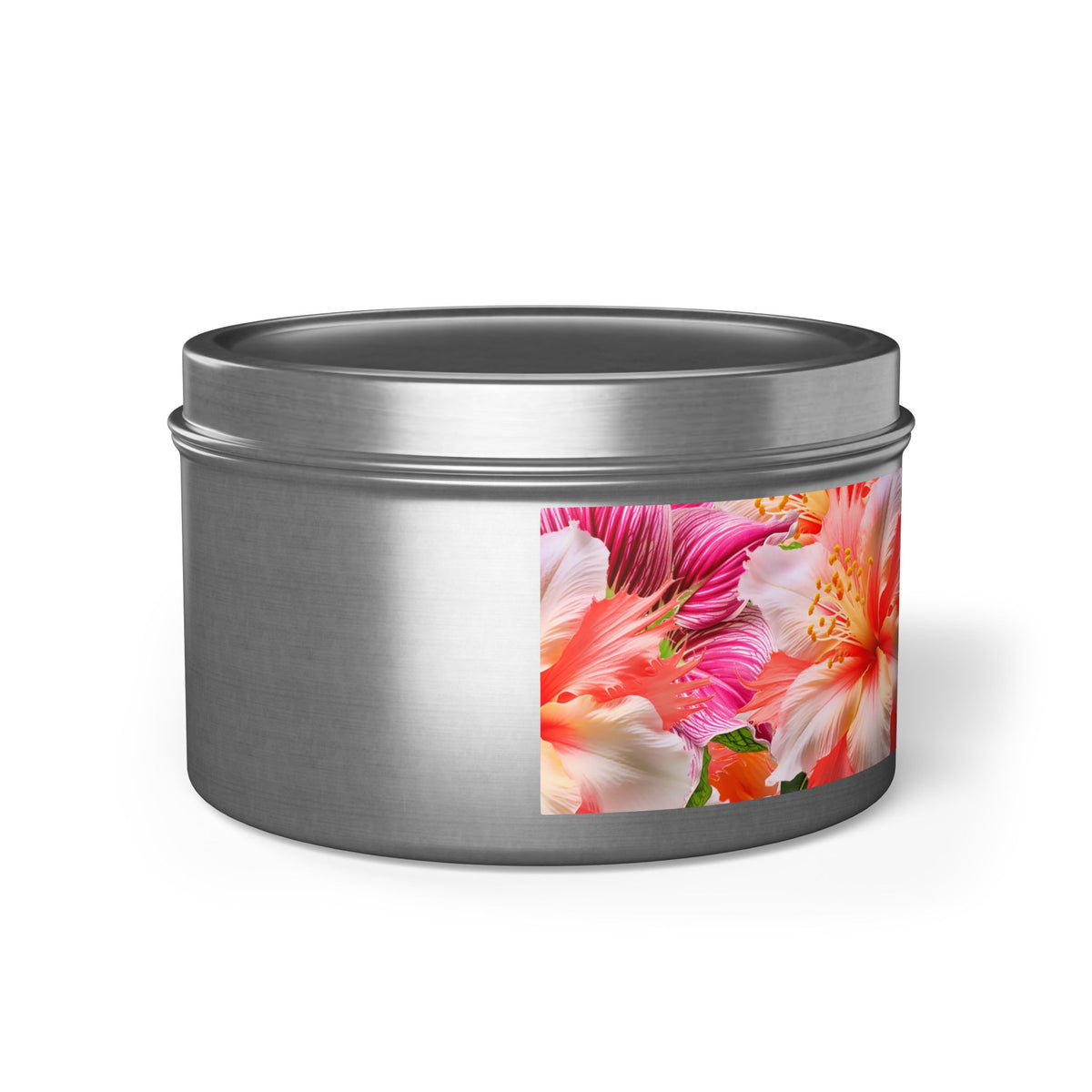 Tropical Hibiscus Bloom Tin Candle. Breathe in Paradise - Where Every Flame Dances with Floral Harmony. Available in 2 sizes, 3 finishes, and 5 scents.
