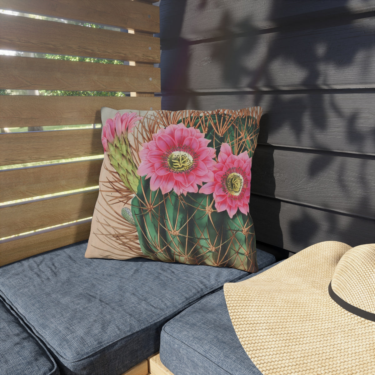 Blooming Cactus Square Outdoor Pillow - Spun Polyester - Double-Sided Print - UV-Resistant - Water-Resistant - Available in 3 sizes.