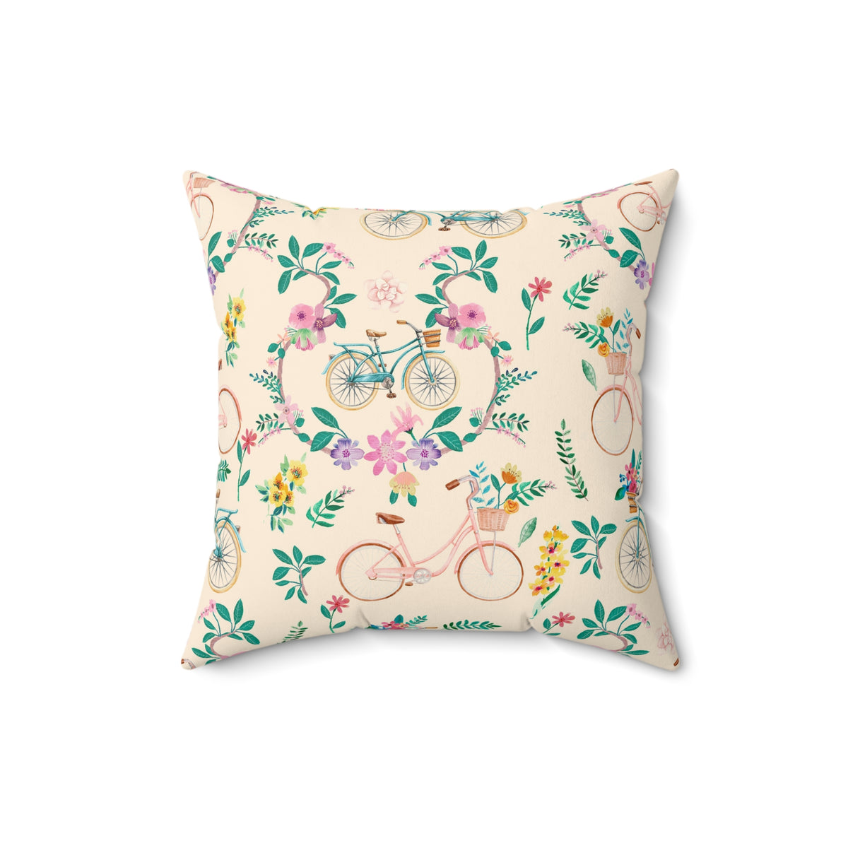Spring Bicycle Square Throw Pillow - Spun Polyester - Double-Sided Print - Concealed Zipper - Available in 7 Sizes