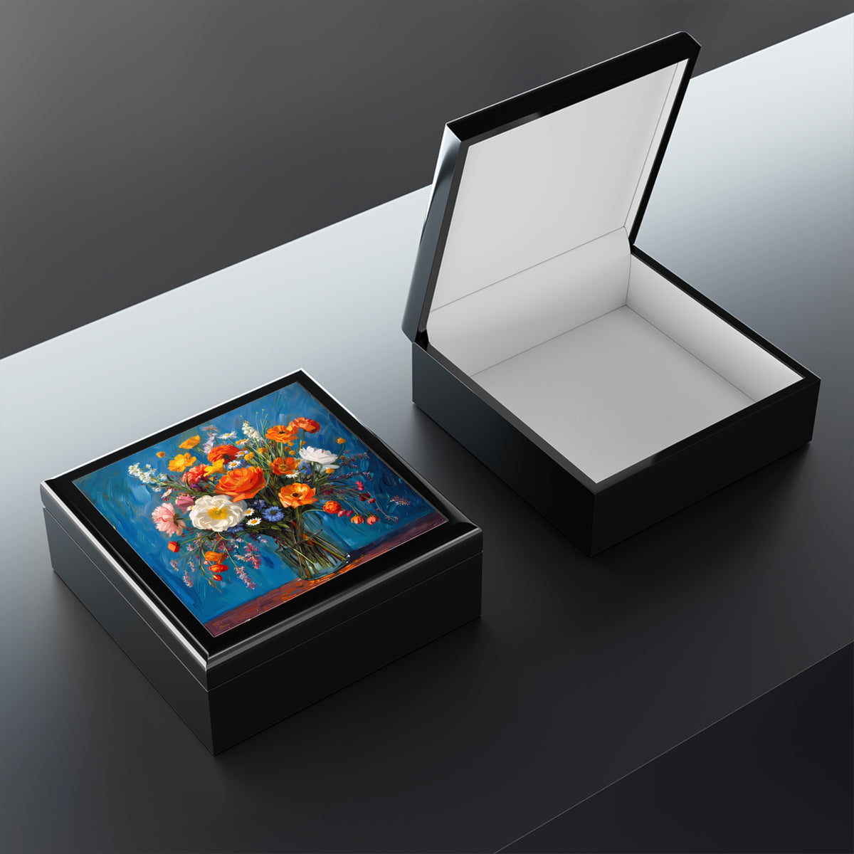 Blossoms on Blue Jewelry Box - Where Elegance Meets the Tranquil Beauty of Blooms! High Quality Rubberwood Jewelry Box with Glossy Finish. Perfect gift.