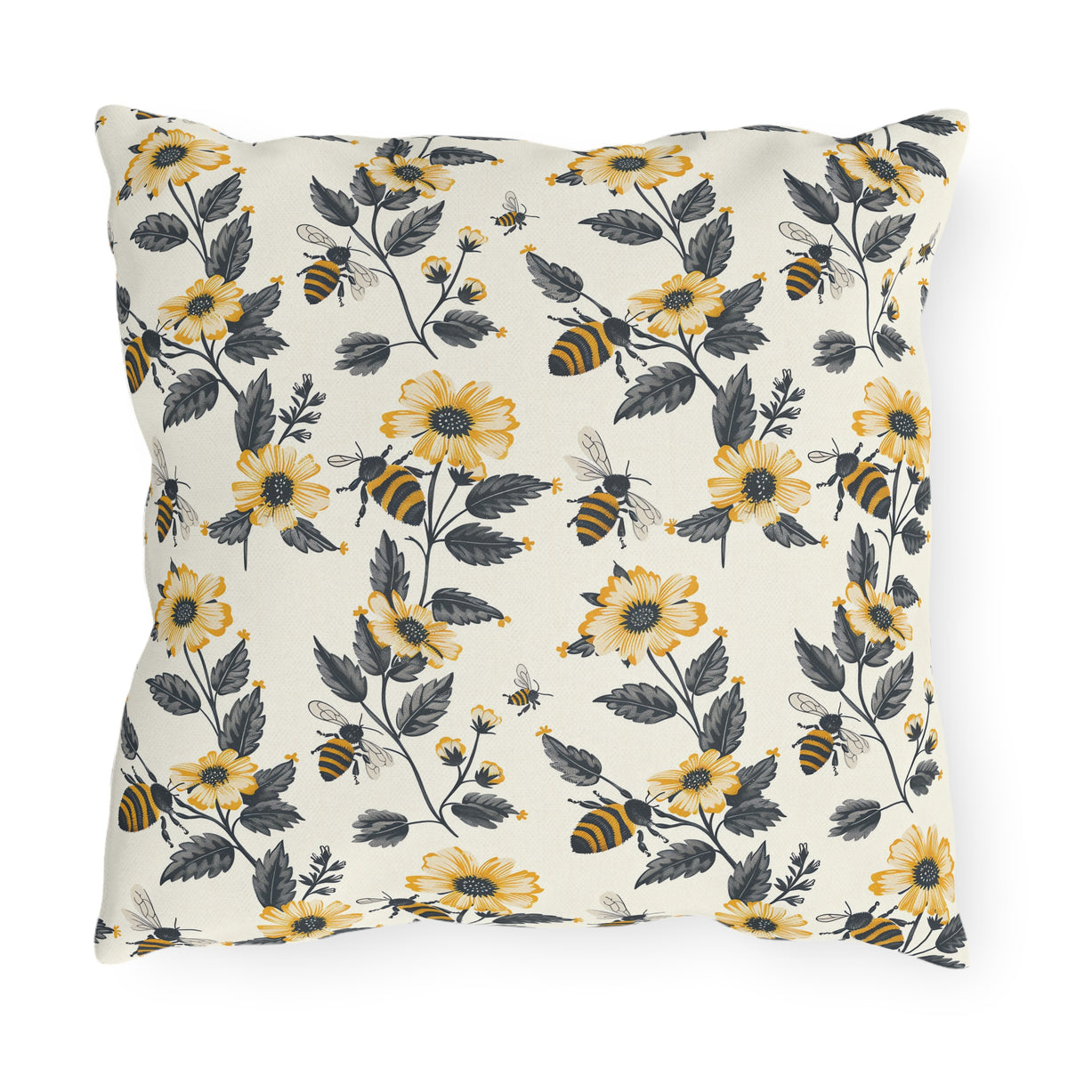Buzzing Blossoms Square Outdoor Pillow - Spun Polyester - Double-Sided Print - UV-Resistant - Water-Resistant - Available in 3 sizes.