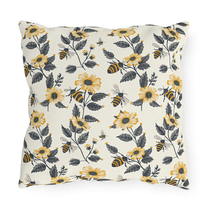 Buzzing Blossoms Square Outdoor Pillow - Spun Polyester - Double-Sided Print - UV-Resistant - Water-Resistant - Available in 3 sizes.
