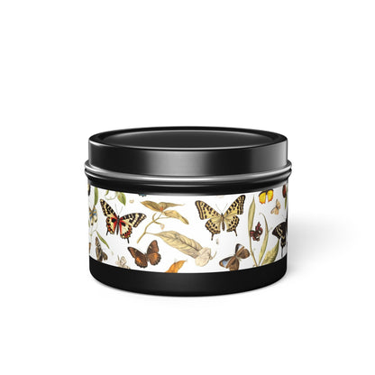 Botanical Butterflies Tin Candle. Flutter into Serenity with Botanical Butterflies. Available in 2 sizes, 3 finishes, and 5 scents.
