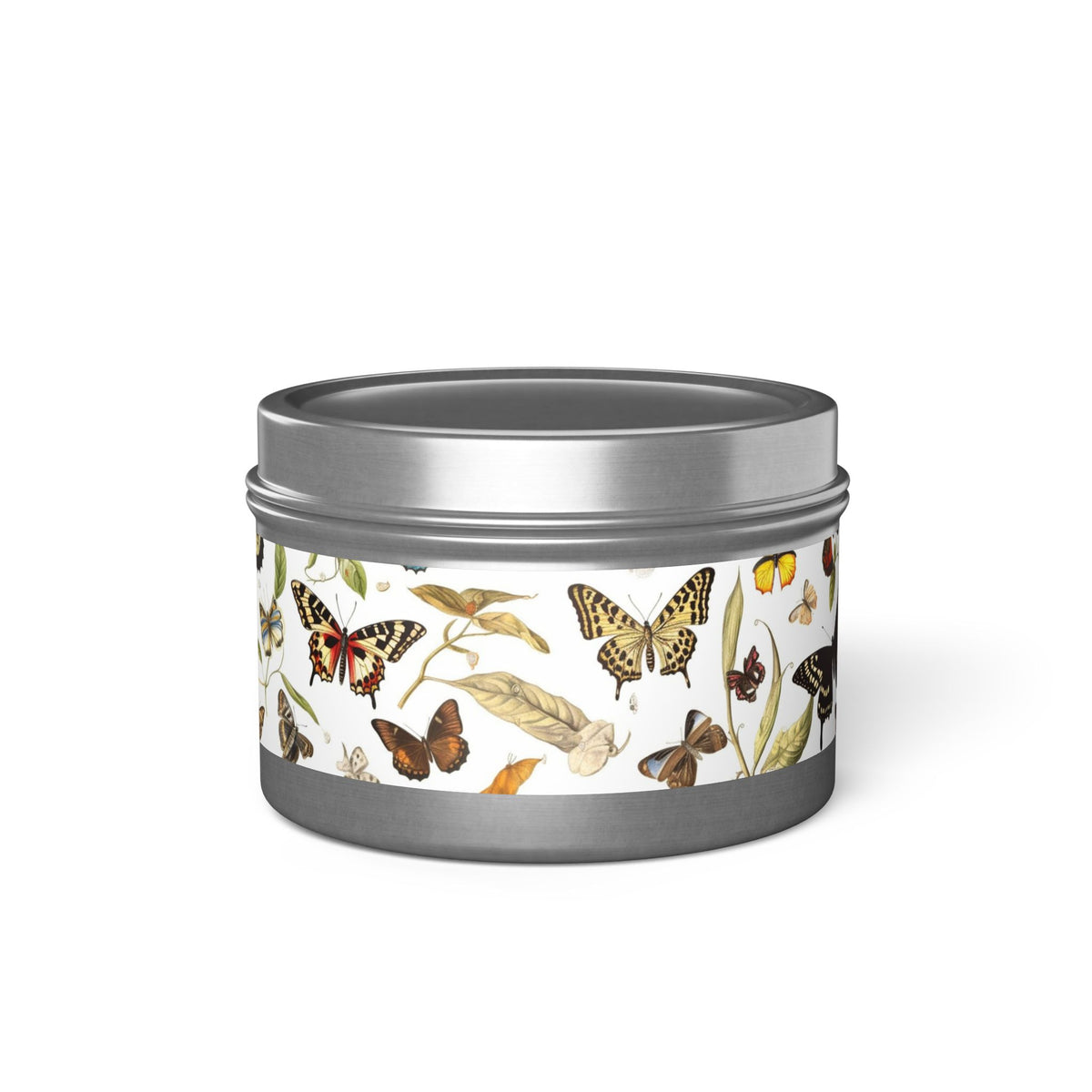 Botanical Butterflies Tin Candle. Flutter into Serenity with Botanical Butterflies. Available in 2 sizes, 3 finishes, and 5 scents.