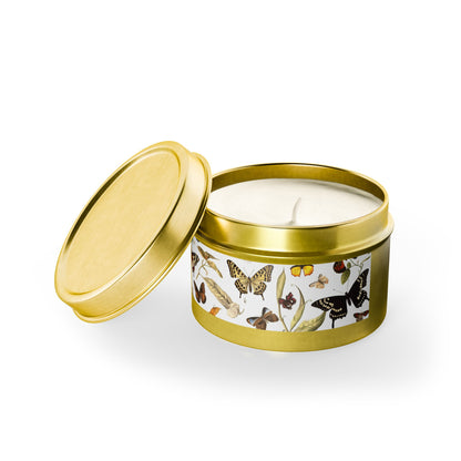 Botanical Butterflies Tin Candle. Flutter into Serenity with Botanical Butterflies. Available in 2 sizes, 3 finishes, and 5 scents.
