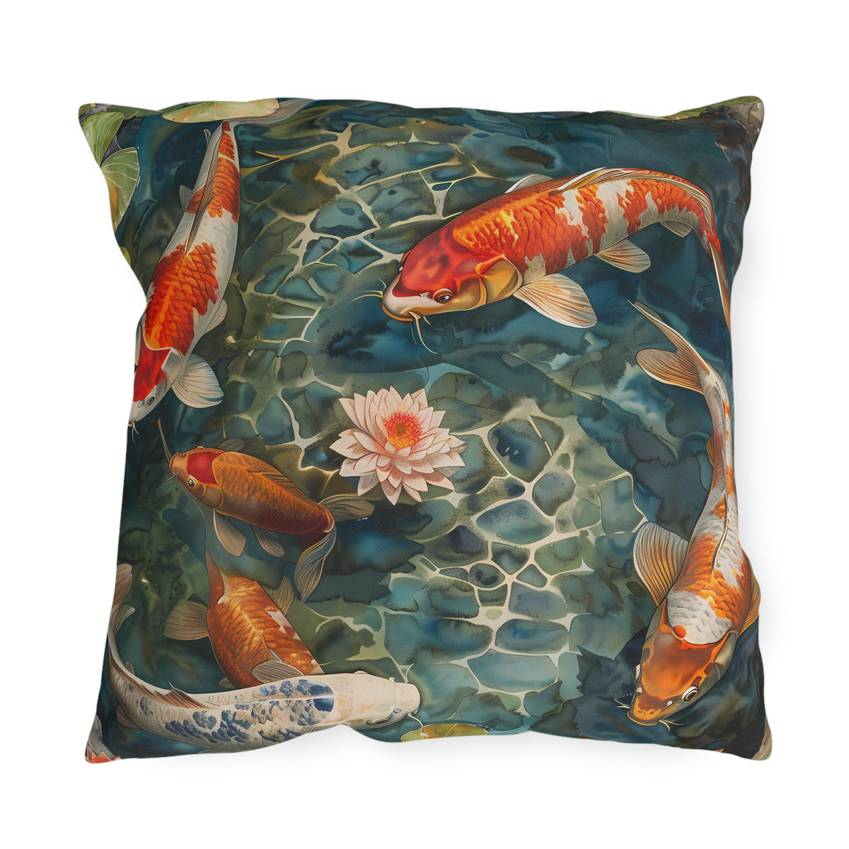 Tranquil Koi Oasis Square Outdoor Pillow - Spun Polyester - Double-Sided Print - UV-Resistant - Water-Resistant - Available in 3 sizes.