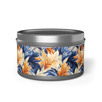 Feathered Fresco Fusion Tin Candle. A Touch of Feathered Grace in Every Flicker. Available in 2 sizes, 3 finishes, and 5 scents.