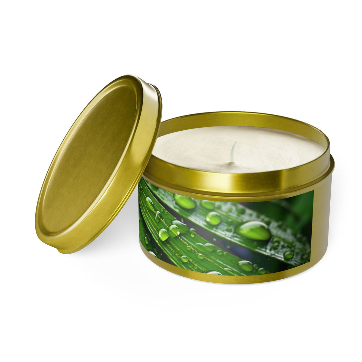 Tranquility Palm Tin Candle. Serenity in Every Spark - Embrace Nature's Calm. Available in 2 sizes, 3 finishes, and 5 scents.