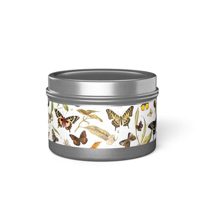 Botanical Butterflies Tin Candle. Flutter into Serenity with Botanical Butterflies. Available in 2 sizes, 3 finishes, and 5 scents.