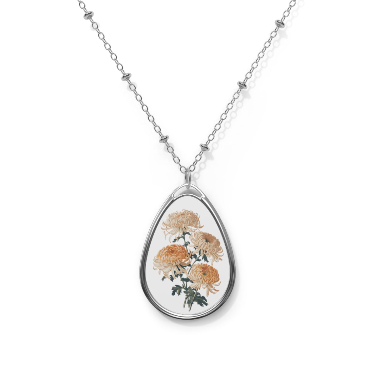 November Birth Month Flower - Chrysanthemum Oval Pendant Necklace - Embrace Timeless Elegance with November's Chrysanthemum Charm!