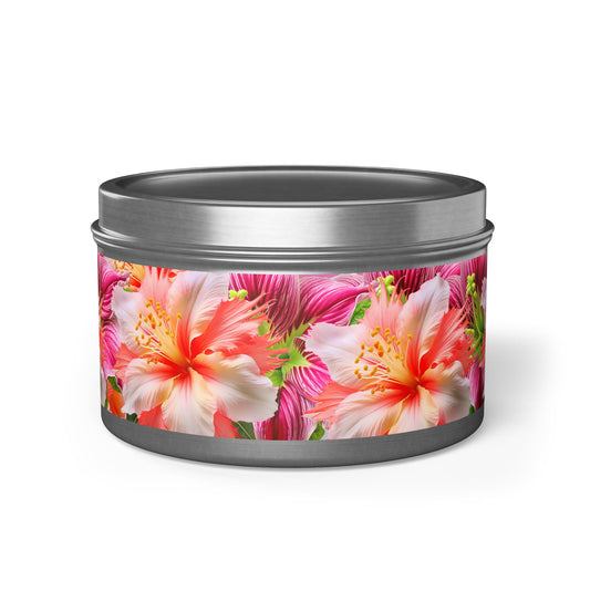 Tropical Hibiscus Bloom Tin Candle. Breathe in Paradise - Where Every Flame Dances with Floral Harmony. Available in 2 sizes, 3 finishes, and 5 scents.