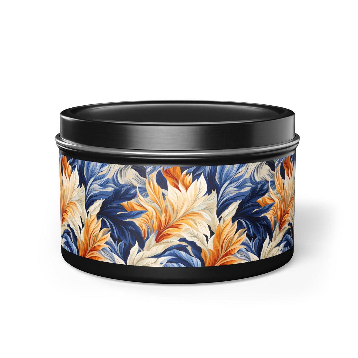 Feathered Fresco Fusion Tin Candle. A Touch of Feathered Grace in Every Flicker. Available in 2 sizes, 3 finishes, and 5 scents.
