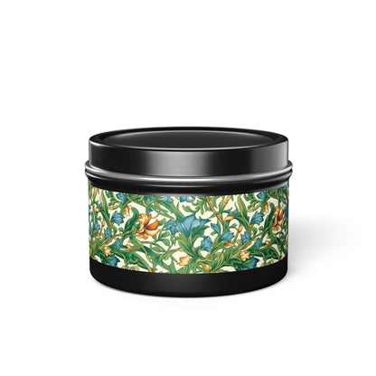 Medieval Meets Modern Vines Tin Candle. Light Up Your Space with Timeless Elegance! Available in 2 sizes, 3 finishes, and 5 scents.