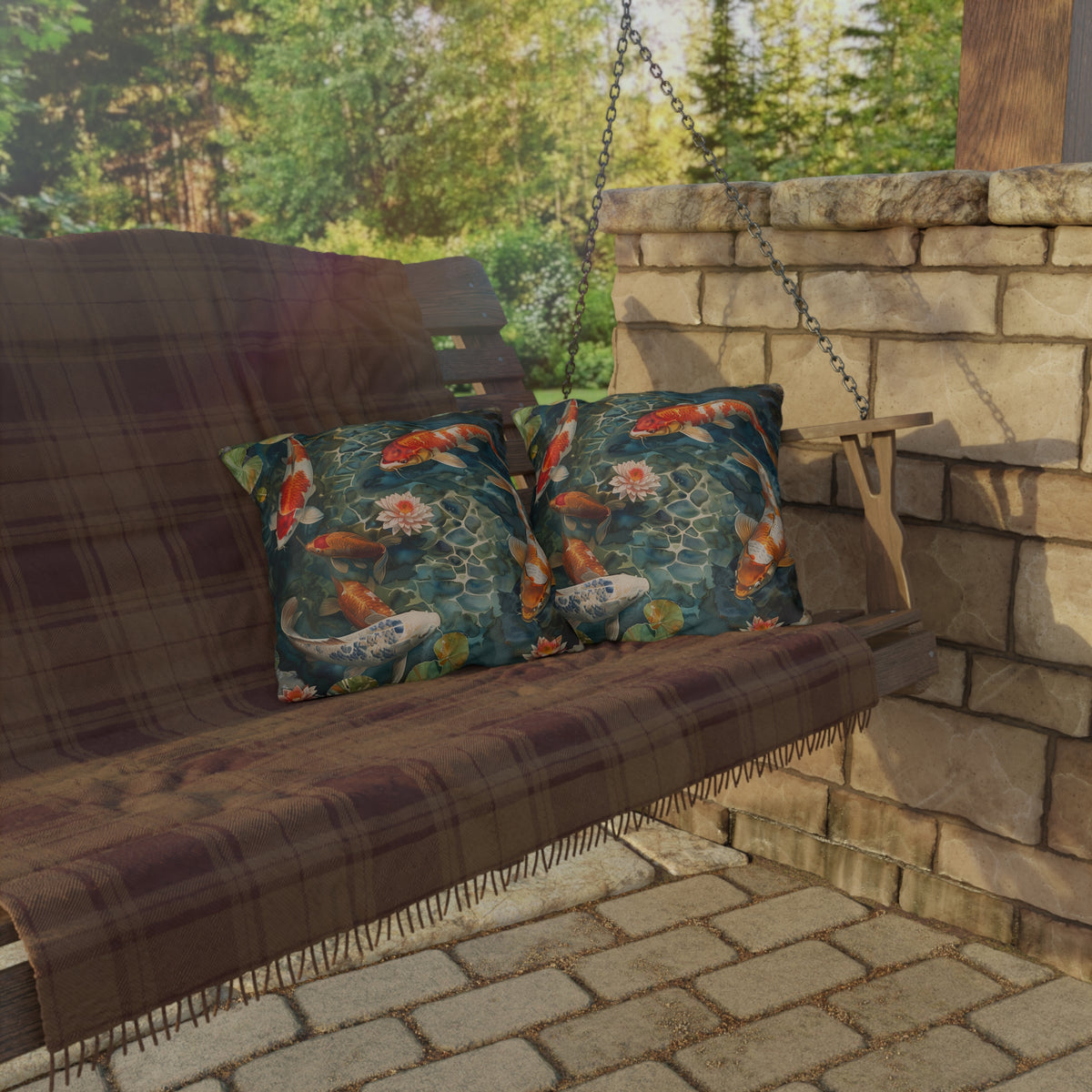 Tranquil Koi Oasis Square Outdoor Pillow - Spun Polyester - Double-Sided Print - UV-Resistant - Water-Resistant - Available in 3 sizes.