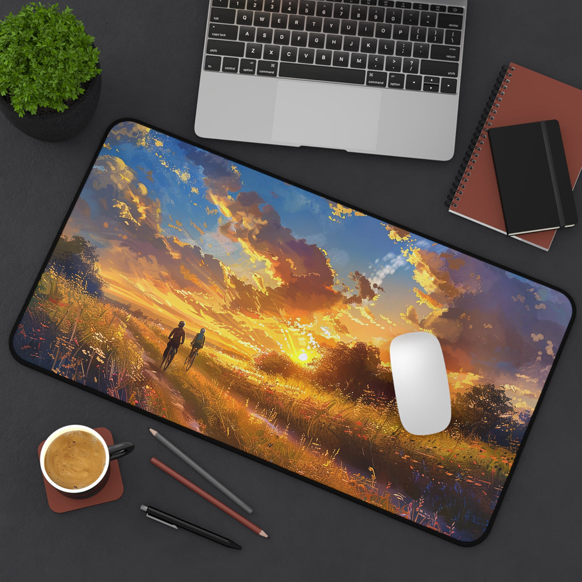 Golden Sunset Ride Desk Mat (Desk Pad) - Pedal Through Paradise with Every Task! Available in 3 sizes.